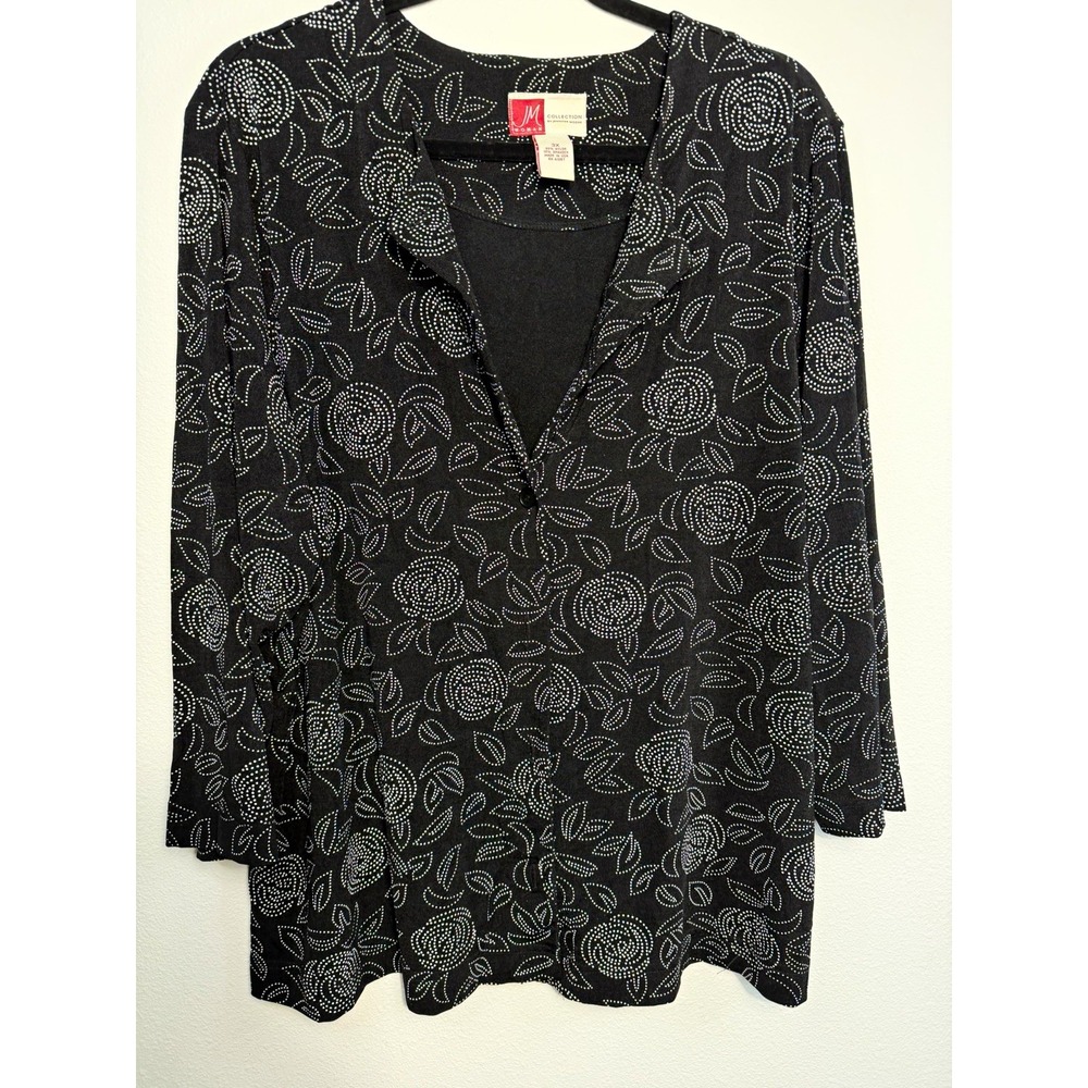 JM Collection Plus Size 3X Black/White Floral V-Neck Knit Blouse 3/4 Button